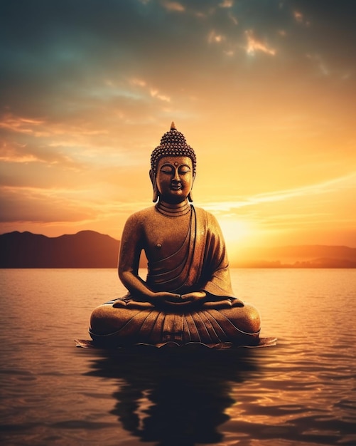 Eine Buddha-Statue mit Sonnenunterganghintergrund