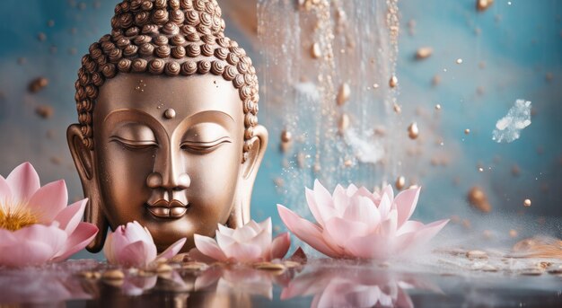 eine Buddha-Statue mit Wassertropfen und Blumen im Hintergrund