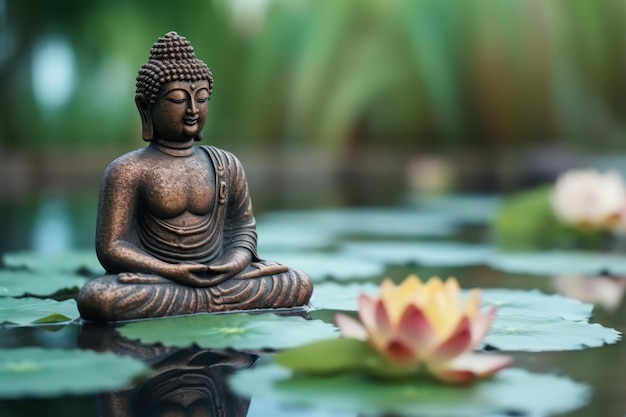 Eine Buddha-Statue sitzt auf einem Teich mit einer Lotusblume.