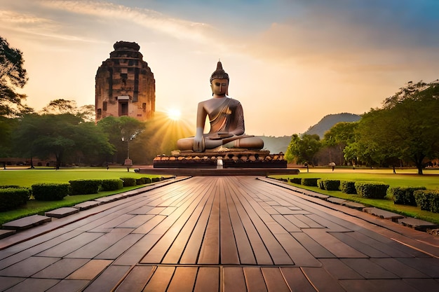 Eine Buddha-Statue sitzt bei Sonnenuntergang in einem Park.