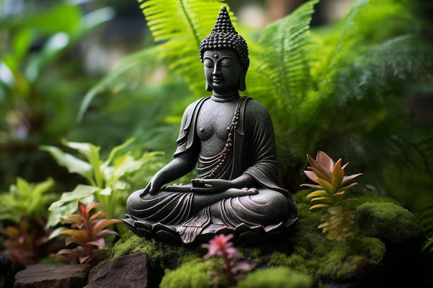 eine Buddha-Statue sitzt in einem Garten, der von Pflanzen umgeben ist