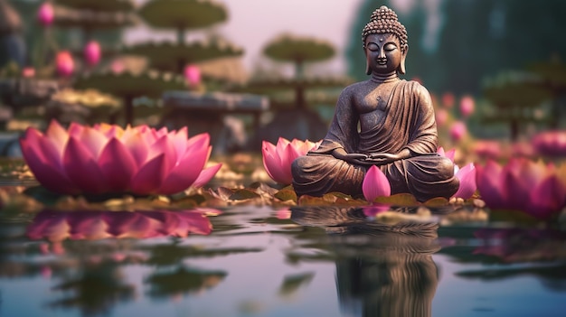 Eine Buddha-Statue sitzt in einem Teich mit Lotusblumen im Hintergrund