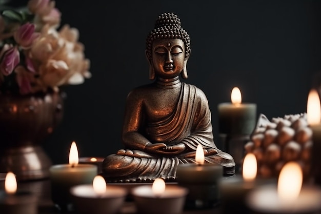 Eine Buddha-Statue sitzt vor einer Kerze mit Blumen auf dem Tisch.