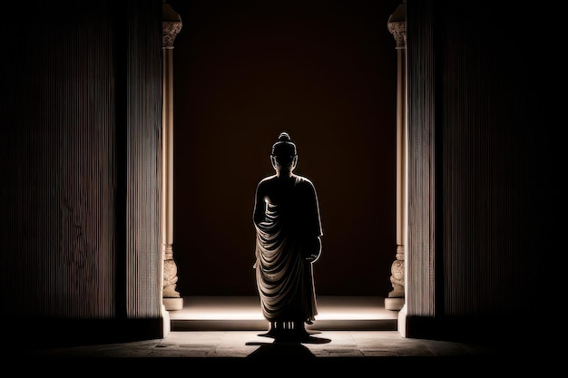 Eine Buddha-Statue steht vor einer Tür, auf die das Licht scheint.