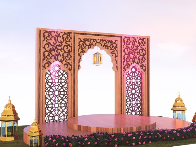 Eine Bühne für eine Moschee mit rosa Hintergrund und dem Wort Ramadan darauf.