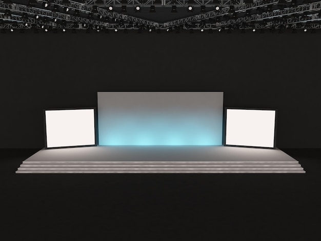 Eine Bühne mit drei weißen quadratischen Leinwänden darauf.