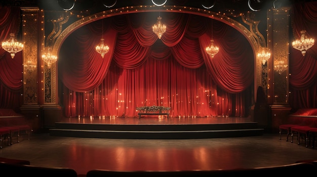 Eine Bühne mit einem roten Vorhang und einem Klavier darauf