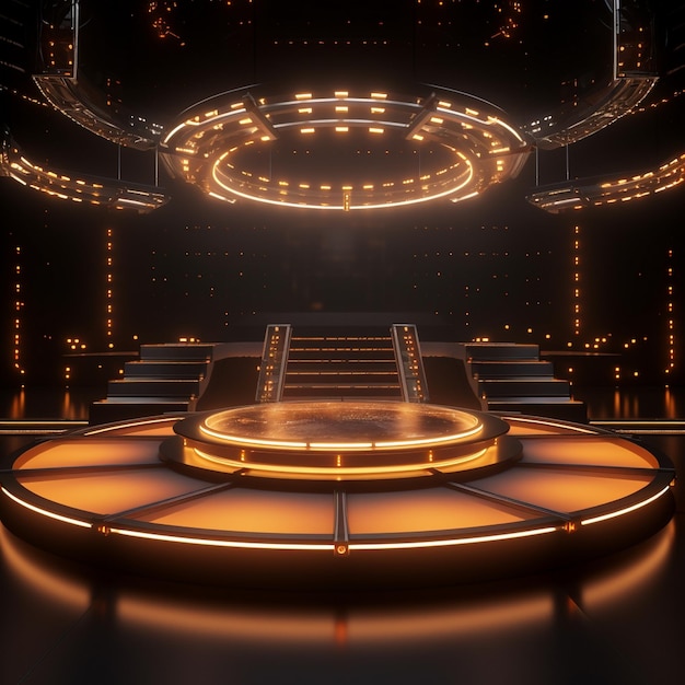 Eine Bühne mit eingeschaltetem Licht und einer runden Plattform mit orangefarbenen Lichtern darauf