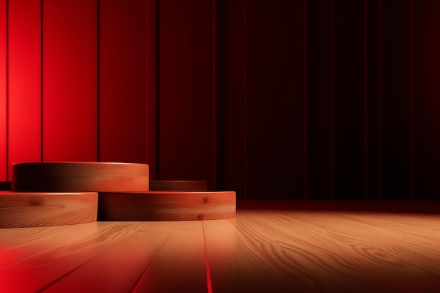 Eine Bühne mit rotem Vorhang und Holzstufen.
