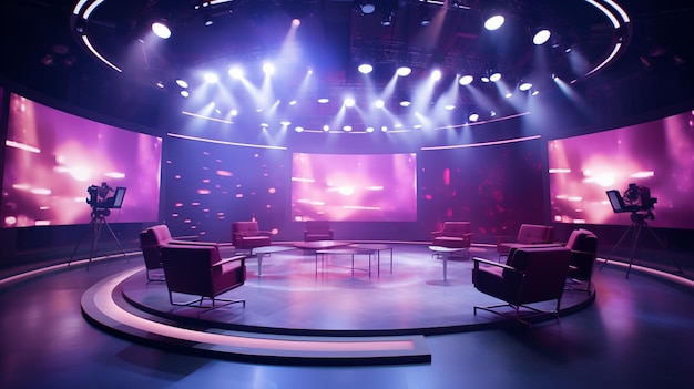 eine Bühne mit Stühlen und eine Bühne mit violettem Hintergrund mit violettem Hintergrund.