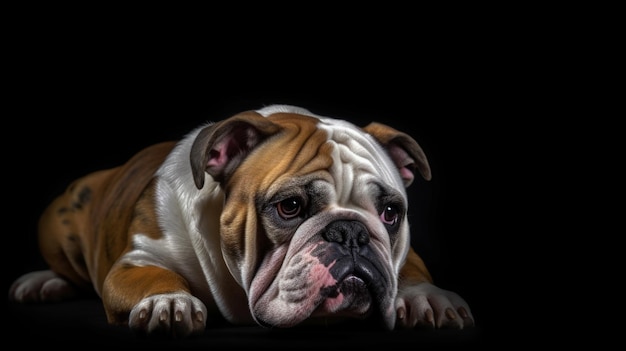 Eine Bulldogge liegt auf schwarzem Hintergrund.