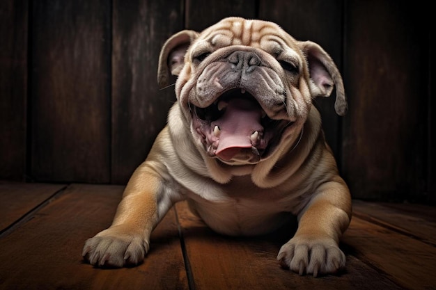 Eine Bulldogge mit heraushängender Zunge auf einem Holzboden.