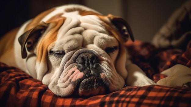 Eine Bulldogge schläft auf einer karierten Decke.