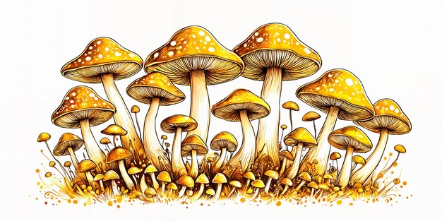 Eine bunte Abbildung einer Gruppe von Pilzen mit gelben Kappen und braunen Stängeln, die zusammen auf dem Boden wachsen