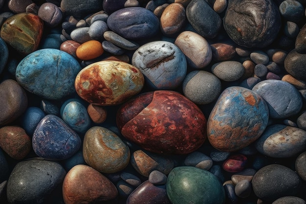 Eine bunte Ansammlung von Steinen am Strand