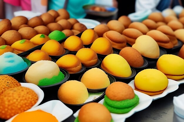 Eine bunte Auswahl an brasilianischem Streetfood Po de Queijo Coxinha und Pastell