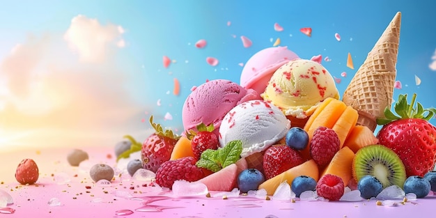Eine bunte Auswahl an Eiscreme und Obst, darunter Erdbeeren