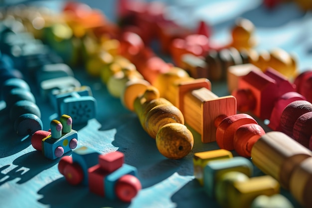 Foto eine bunte auswahl an holzspielzeug und -blöcken auf einem tisch