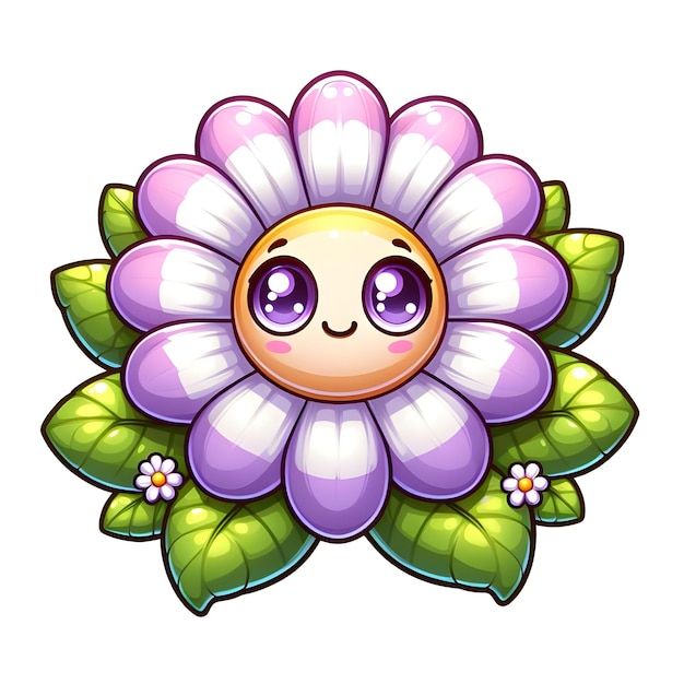 eine bunte Blume mit lila Augen und ein gelbes Gesicht mit lila Augen
