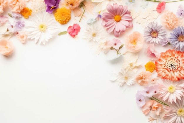 Eine bunte Blumengrenze mit Gänseblümchen auf einem weißen Hintergrund