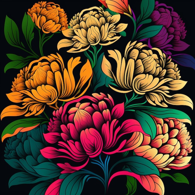 Eine bunte Blumenillustration mit einem schwarzen Hintergrund.