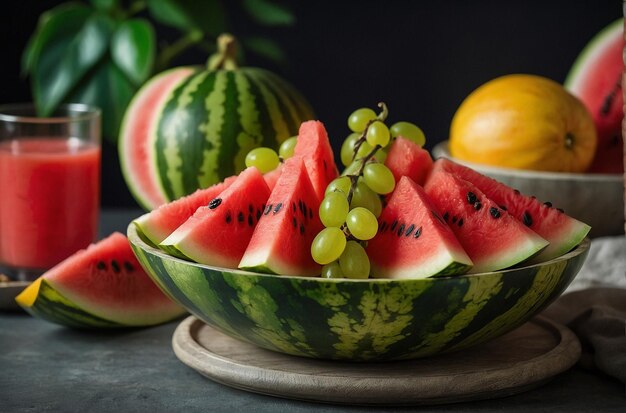 Eine bunte Fruchtplatte mit Wassermelone als Cente