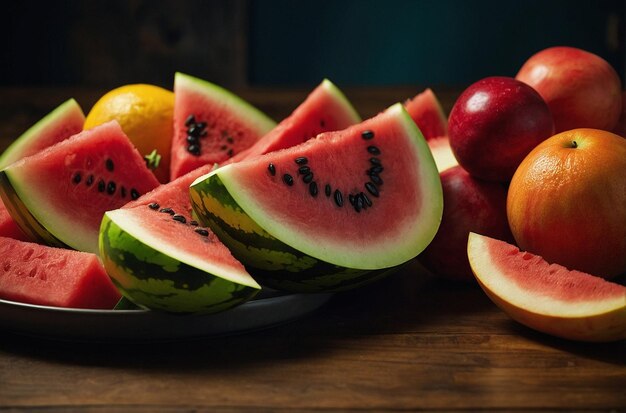 Eine bunte Fruchtplatte mit Wassermelone als Cente