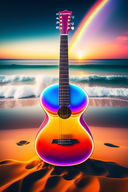 Foto eine bunte gitarre am strand mit der sonne dahinter