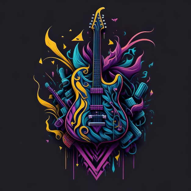 Eine bunte Gitarre mit schwarzem Hintergrund und violettem Hintergrund.