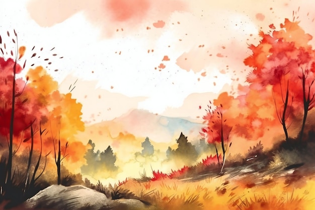Eine bunte Herbstlandschaft mit einem Berg im Hintergrund.