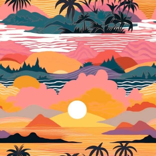 Eine bunte Illustration einer tropischen Insel mit Palmen und Bergen.