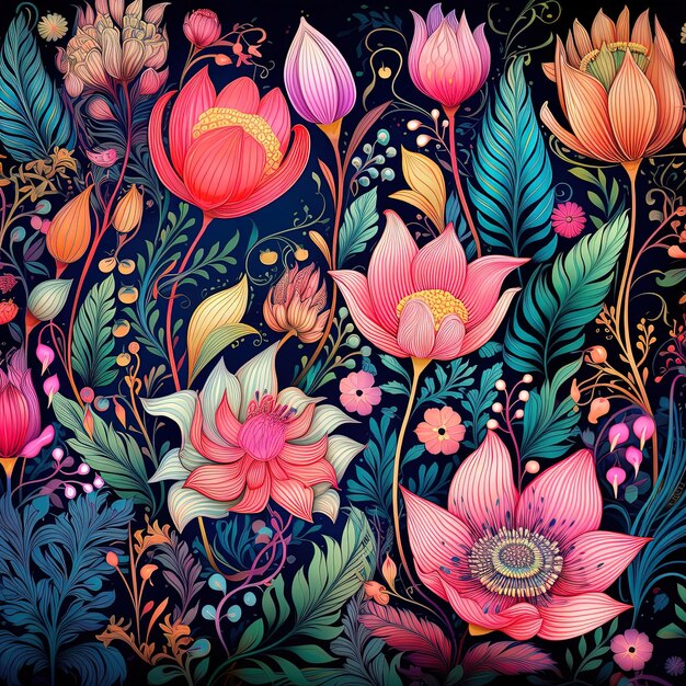 Eine bunte Illustration von Blumen mit dem Wort Frühling darauf.