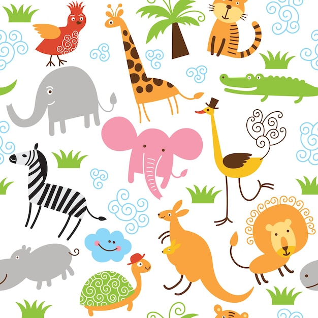 eine bunte Karikatur verschiedener Tiere, darunter Giraffen, Elefanten und Giraffen