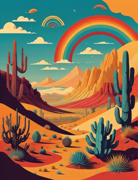 Eine bunte Landschaft, eine Wüste, ein Regenbogen, eine imaginäre Welt.