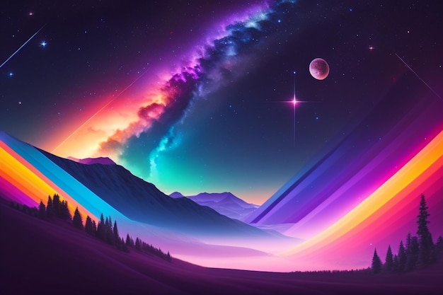 Eine bunte Landschaft mit einem Planeten und einem Nebelfleck am Himmel