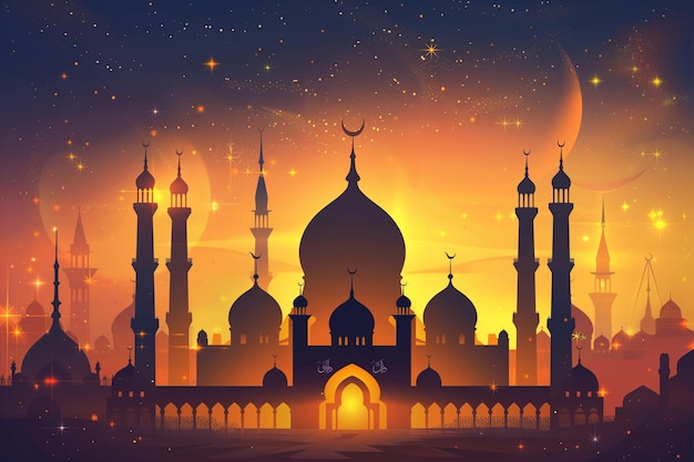 eine bunte Landschaft mit einer Moschee und einem Sonnenuntergang