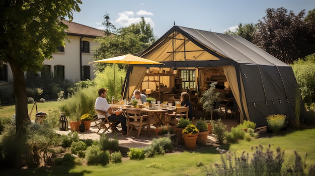 Eine bunte, lebhafte Gruppe drängt sich an einem schönen Sommertag lächelnd und freundschaftlich auf einer Hinterhofterrasse während einer Wiedersehensparty im Freien mit Essen