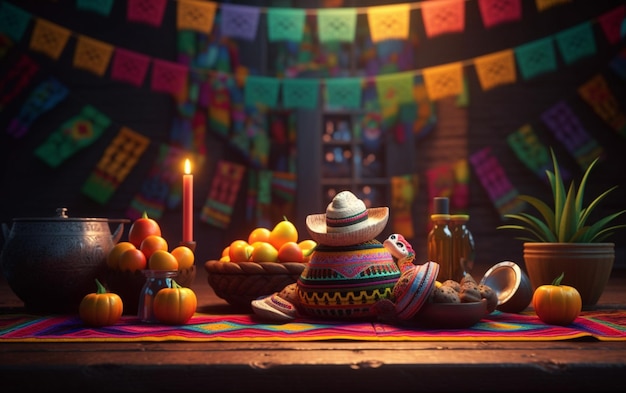 Eine bunte mexikanische Szene mit einem Tisch mit einem Topf und einem Bündel Orangen.