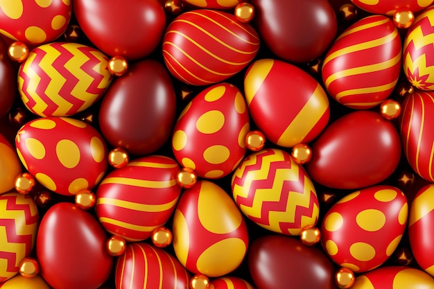 Eine bunte Ostereier auf rotem Hintergrund Happy Easter Day Konzept Draufsicht 3D-Darstellung