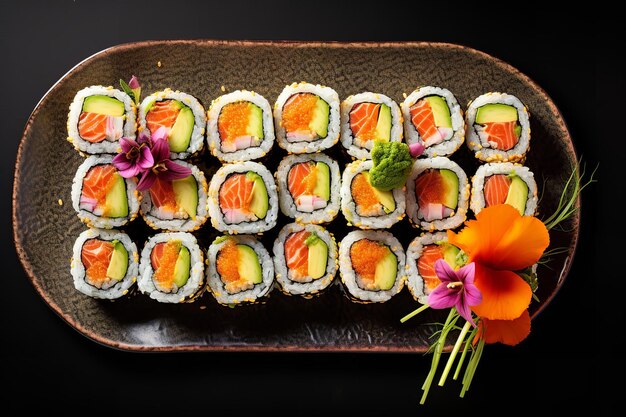 Eine bunte Platte mit veganen Sushi-Rollen mit Avocado