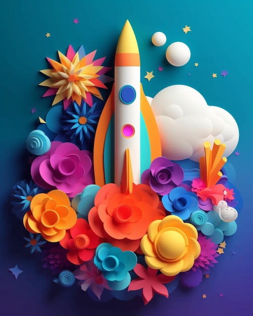 Eine bunte Rakete mit Blumen darauf