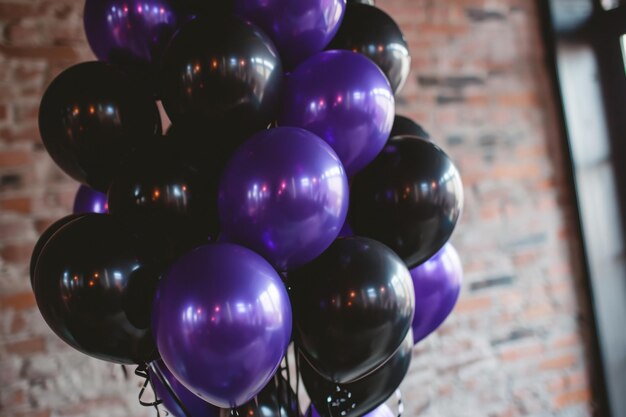 Eine bunte Reihe von lila und schwarzen Ballons hängt in einer auffälligen Anzeige von einer robusten Ziegelsteinwand gotische schwarze und lila Ballons für eine einzigartige Geburtstagsfeier KI generiert