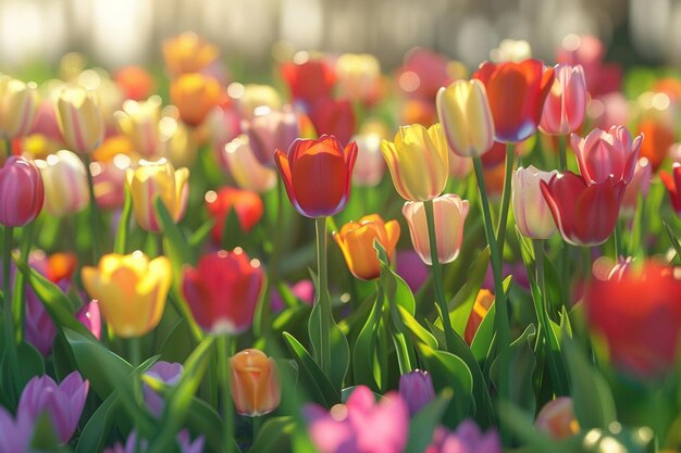 Eine bunte Reihe von Tulpen blüht im Frühling