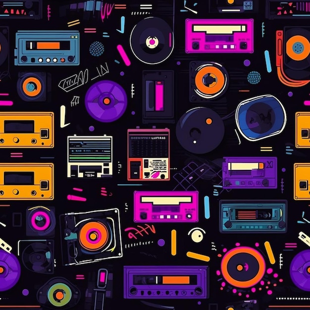 Eine bunte Sammlung alter elektronischer Musik und ein farbenfroher Hintergrund.