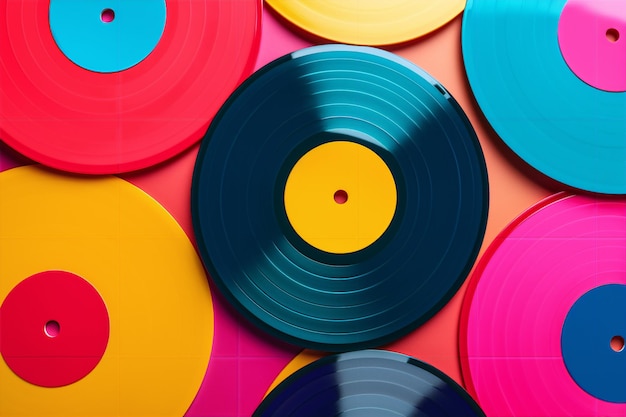 Foto eine bunte sammlung farbenfroher vinyl-schallplatten