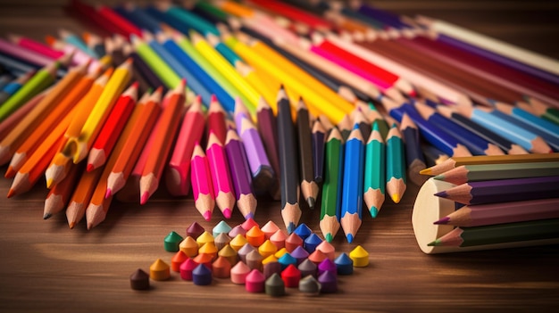 Eine bunte Sammlung von Buntstiften mit einem Bleistift auf dem Tisch.