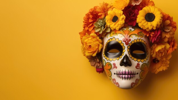 Eine bunte Schädelmaske mit Blumen darauf und Platz für Text Cinco De Mayo und Da De Muertos kopieren