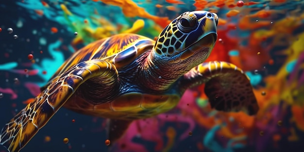 Eine bunte Schildkröte schwimmt im Wasser.