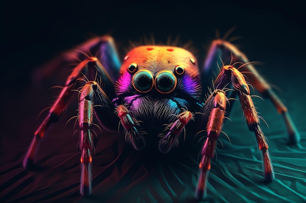 Eine bunte Spinne mit großen Augen sitzt auf dunklem Hintergrund.