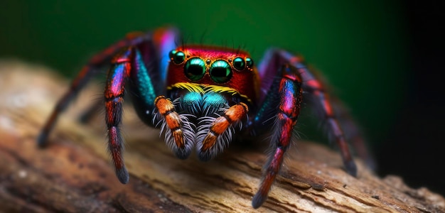 Eine bunte Spinne mit leuchtenden Augen sitzt auf einem Ast.